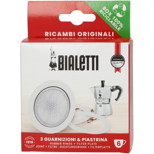 Bialetti Ricambi, Include 3 Guarnizioni e 1 Piastrina,6 TAZZE Compatibili con Moka Express, Fiammetta, Break, Happy, Dama, Moka Melody, Alpina, Moka Timer e Rainbow