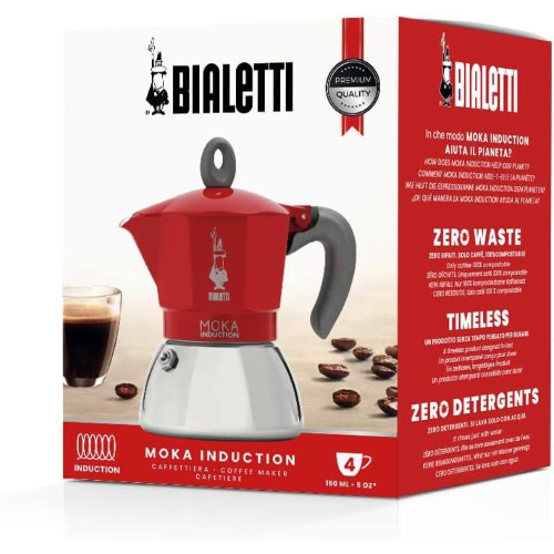 Bialetti Caffettiera Moka Induction, 4 Tazze , Adatta a Tutti i piani cottura, ROSSA