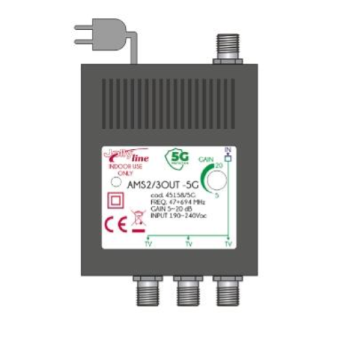 AMS2/3OUT -5G - AMPLIFICATORE DA INTERNO UHF+VHF 20DB REGOLAZIONE SEPARATA 3OUT ATTACCO F - CON FILTRO 5G