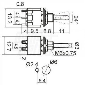 Interruttore deviatore Miniatura - 2P - DPCO - ON/OFF/ON - 3A@250V - 6 term. a saldare