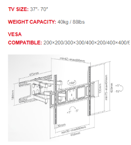 Supporto TV regolabile da 37" a 70" (Full Motion Extra Slim) Superior Electronics SUPSTV011 Vesa 200 x 200, 300 x 300, 400 x 200, 400 x 400, 600 x 400