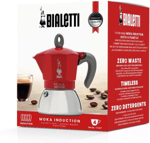 Bialetti Caffettiera Moka Induction, 4 Tazze , Adatta a Tutti i piani cottura, ROSSA