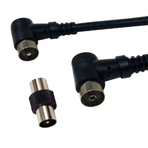 CAVO ANTENNA TV ALTA QUALITA' RG59  SPINA MASCHIO 90° - PRESA FEMMINA 90° C/ADATTATORE M/M 1,5m NERO