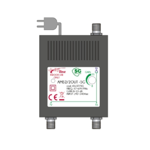 AMS2/2OUT -5G - AMPLIFICATORE DA INTERNO UHF+VHF 23DB REGOLAZIONE SEPARATA 2OUT ATTACCO F - CON FILTRO 5G