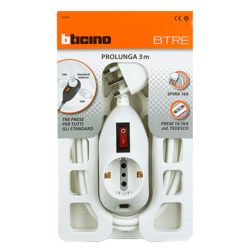 BTicino 3633DB – Prolunga domestica BTRE 3 m con spina 16 A, 2 prese bipasso 10/16 A e 1 presa tedesca P30, interruttore luminoso, colore bianco.