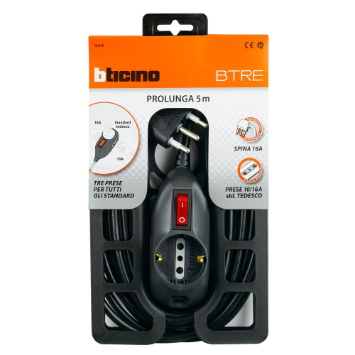 BTicino 3635GB – Prolunga domestica BTRE 5 m con spina 16 A, 2 prese bipasso 10/16 A e 1 presa tedesca P30, interruttore luminoso, colore antracite (nero).