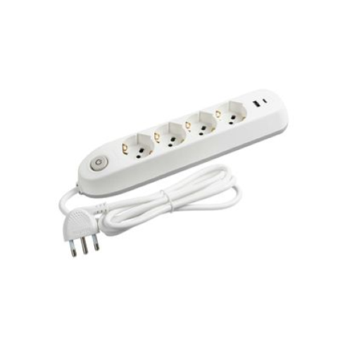 Multipresa POKER 4 prese con 2 prese USB, interruttore di sicurezza - bianca - Spina 16A