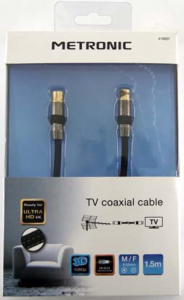 CAVO ANTENNA TV COASSIALE 9,52 MM MASCHIO-FEMMINA 1,5 M SCHERMATO COLORE NERO METRONIC 419001
