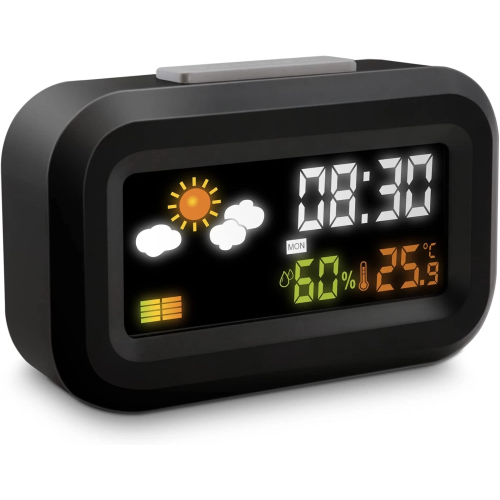 SVEGLIA DIGITALE DA VIAGGIO A BATTERIE DISPLAY LCD RETROILLUMINATO A COLORI OROLOGIO 12/24 ORE SNOOZE CALENDARIO METEO TEMPERATURA UMIDITÀ METRONIC 477340