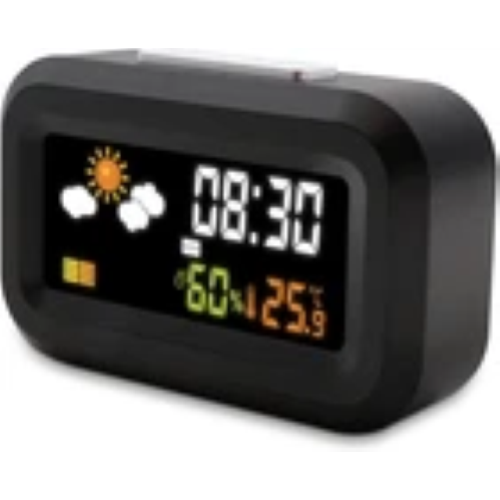SVEGLIA DIGITALE DA VIAGGIO A BATTERIE DISPLAY LCD RETROILLUMINATO A COLORI OROLOGIO 12/24 ORE SNOOZE CALENDARIO METEO TEMPERATURA UMIDITÀ METRONIC 477340