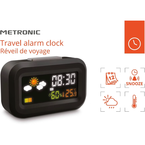 SVEGLIA DIGITALE DA VIAGGIO A BATTERIE DISPLAY LCD RETROILLUMINATO A COLORI OROLOGIO 12/24 ORE SNOOZE CALENDARIO METEO TEMPERATURA UMIDITÀ METRONIC 477340