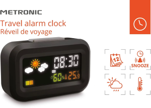 SVEGLIA DIGITALE DA VIAGGIO A BATTERIE DISPLAY LCD RETROILLUMINATO A COLORI OROLOGIO 12/24 ORE SNOOZE CALENDARIO METEO TEMPERATURA UMIDITÀ METRONIC 477340