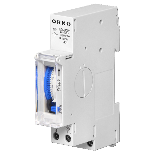 Interruttore orario meccanico batteria 1 modulo, 24 ore, minimo 15 minuti, 110-230 VAC, riserva 100 ore