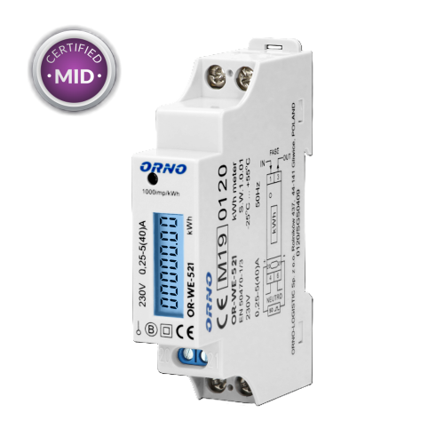 CONTATORE DI ENERGIA MONOFASE 40A MID GUIDA DIN LCD ORNO OR-WE-521