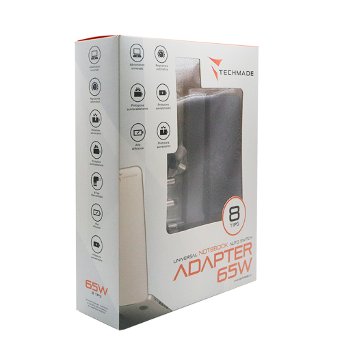 ALIMENTATORE UNIVERSALE PER NOTEBOOK 65W CON 8 TIPS NERO TECHMADE TM-AFUA06