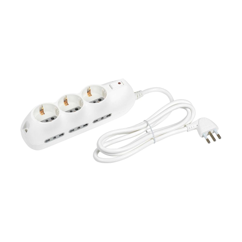 Multipresa Slot 9 prese - 6 prese bipasso 10/16A + 3 Schuko c/cavo - bianco - Spina 10A SALVAFULMINE
