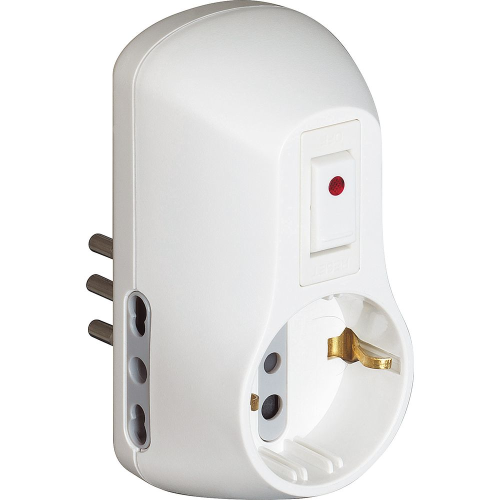 ADATTATORE 1 PRESA TEDESCA + 2 PRESE BIPASSO 10/16A CON INTERRUTTORE AUTOMATICO BIANCO BTICINO S3610DB