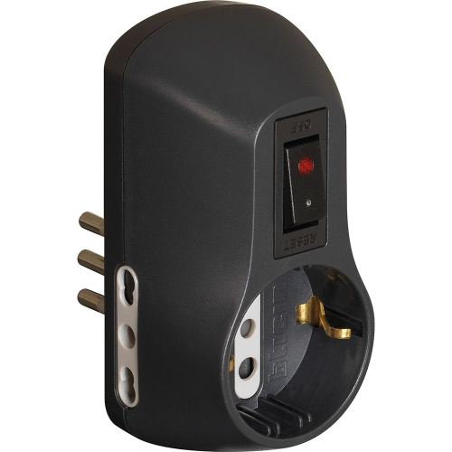 ADATTATORE 1 PRESA TEDESCA + 2 PRESE BIPASSO 10/16A CON INTERRUTTORE AUTOMATICO Grigia 