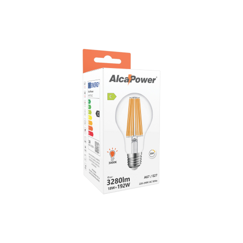 LAMPADINA LED FILAMENTO A67 VETRO TRASPARENTE 18W 3280LM 3000K E27 ALCAPOWER AP67F18C