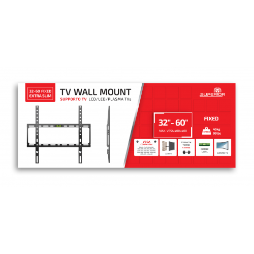 SUPPORTO TV DA PARETE FISSO EXTRA SLIM PER TV 32-60 FINO A 35KG VESA MAX 400X400 SUPERIOR SUPSTV004
