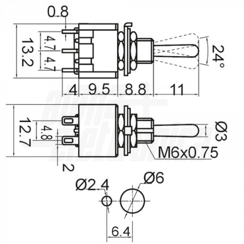 Interruttore deviatore Miniatura - 2P - DPCO - ON/OFF/ON - 3A@250V - 6 term. a saldare
