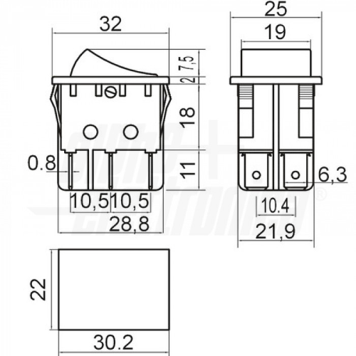 Deviatore-Rosso-2P-DPDT- ON/ON-15A@250V-6 term. faston 6,3 NON LUMINOSO