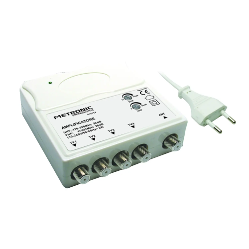 Amplificatore TV Vhf/Uhf per Digitale Terrestre con Filtro Lte, Vhf 20Db e Uhf 28Db Regolabili, 1 Ingresso/4 Uscite, da Interno, Bianco- Metronic 414114 