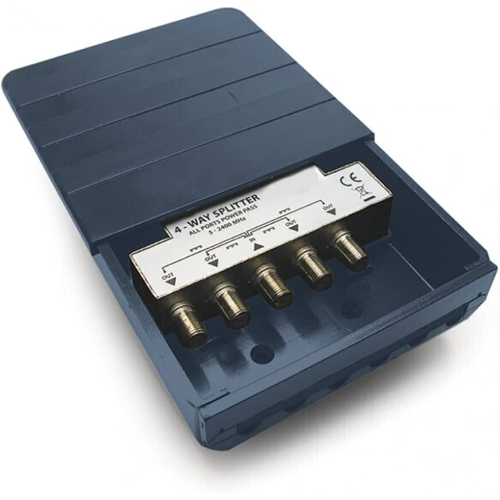 PARTITORE TV/SAT DA ESTERNO DA PALO 5-2400MHZ 1 INGRESSO 4 USCITE CON CONNETTORI F SCHERMATO CON PASSAGGIO CORRENTE METRONIC 436324