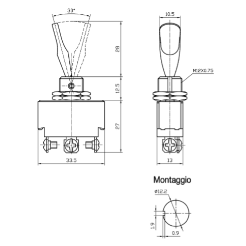 DEVIATORE A LEVA PIATTA IN PLASTICA UNIPOLARE ON-OFF-ON GBC