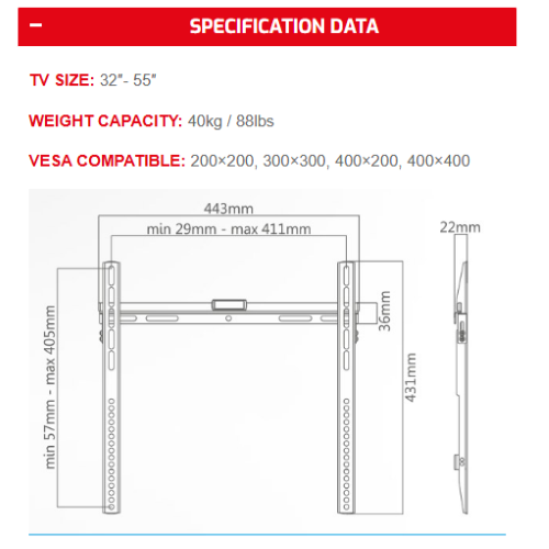 Supporto Tv da Parete Fisso da 32" a 55" Superior Electronics SUPSTV002  (Ultra Flat) Vesa: 200 x 200, 300 x 300, 400 x 200, 400 x 400, Nero PESO MASSIMO 40KG