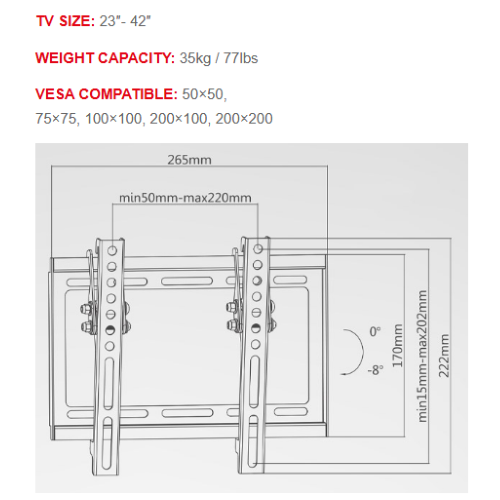 Supporto TV a parete fisso da 23" a 42" POLLICI Superior Electronics SUPSTV008 (inclinazione Extra Slim) Vesa: 50 x 50, 75 x 75, 100 x 100, 200 x 100, 200 x 200 PESO MASSIMO 35KG
