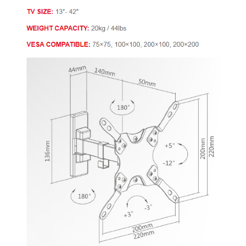 Supporto TV regolabile da 13" a 42" POLLICI  (Motion Extra Slim) Superior Electronics SUPSTV009 Vesa 75 x 75, 100 x 100, 200 x 200