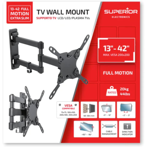 Supporto TV da parete girevole da 13" a 42" POLLICI (Full Motion E x Between Slim) Superior Electronics SUPSTV010 Vesa: 75 x 75, 100 x 100, 200 x 100, 200 x 200 PESO MASSIMO 20KG