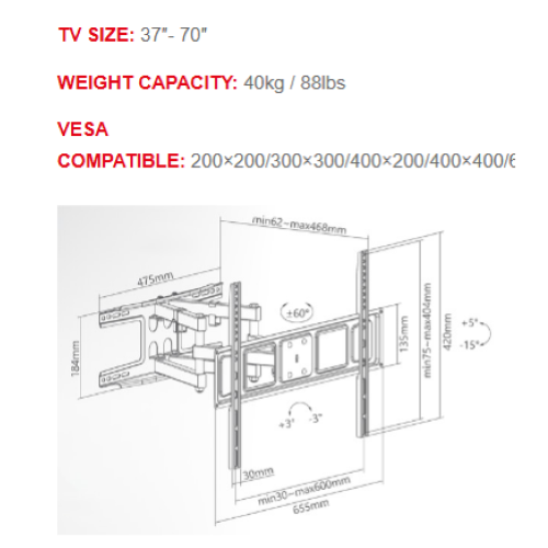 Supporto TV regolabile da 37" a 70" (Full Motion Extra Slim) Superior Electronics SUPSTV011 Vesa 200 x 200, 300 x 300, 400 x 200, 400 x 400, 600 x 400