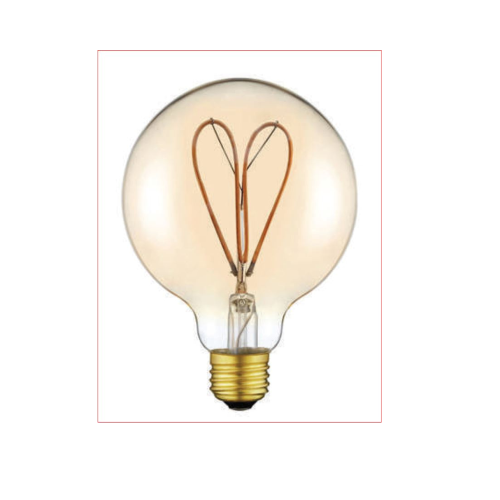 LAMPADA LED GLOBO G95 4W 320LM 2700K E27 , VETRO AMBRATO E FILAMENTO A FORMA DI CUORE 