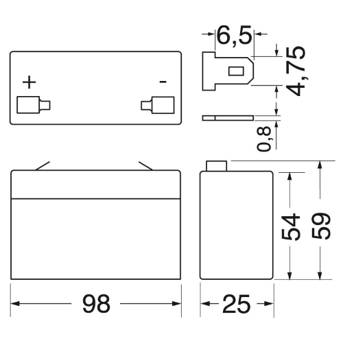 BATTERIA RICARICABILE AL PIOMBO 6V 1.3AH - 98x25x54/59 mm